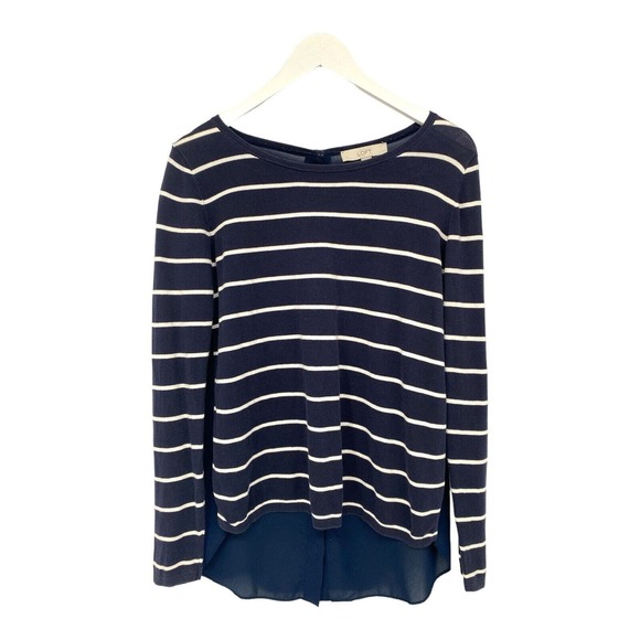 Ann Taylor LOFT Long Sleeve Blouse Sheer Button Back Striped Navy White Sz M - Picture 2 of 6